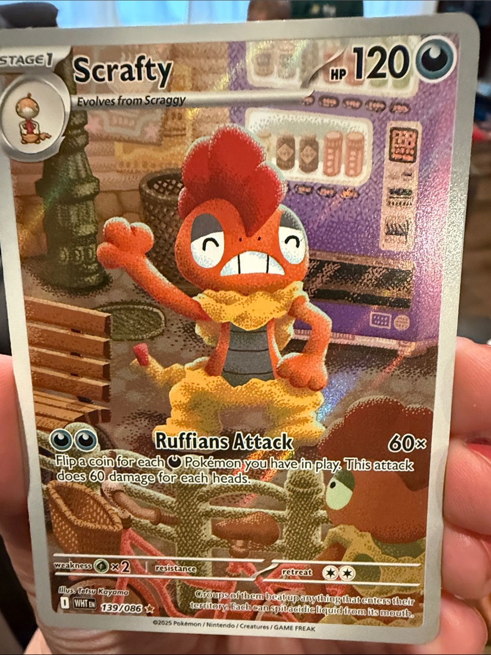 Pokemon Scrafty Holo Card - Red, Orange, Yellow, Purple